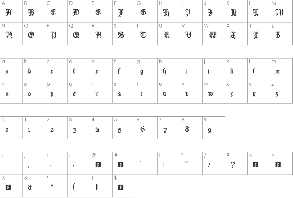 Brodat font character map preview