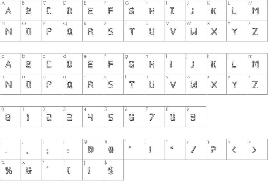 Broken Cyborg 3D font character map preview