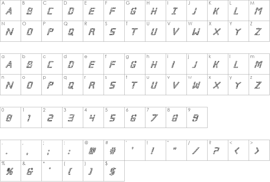 Broken Cyborg 3D Italic font character map preview