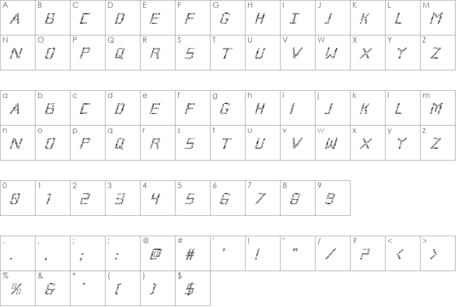 Broken Cyborg Italic font character map preview