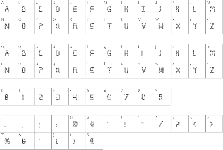 Broken Cyborg Outline font character map preview