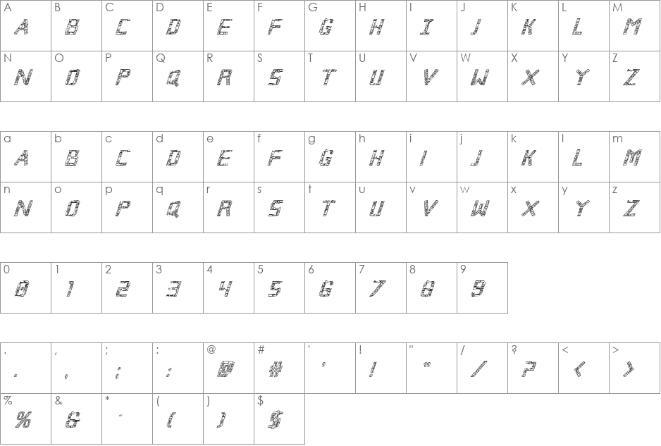 Broken Cyborg Outline Italic font character map preview