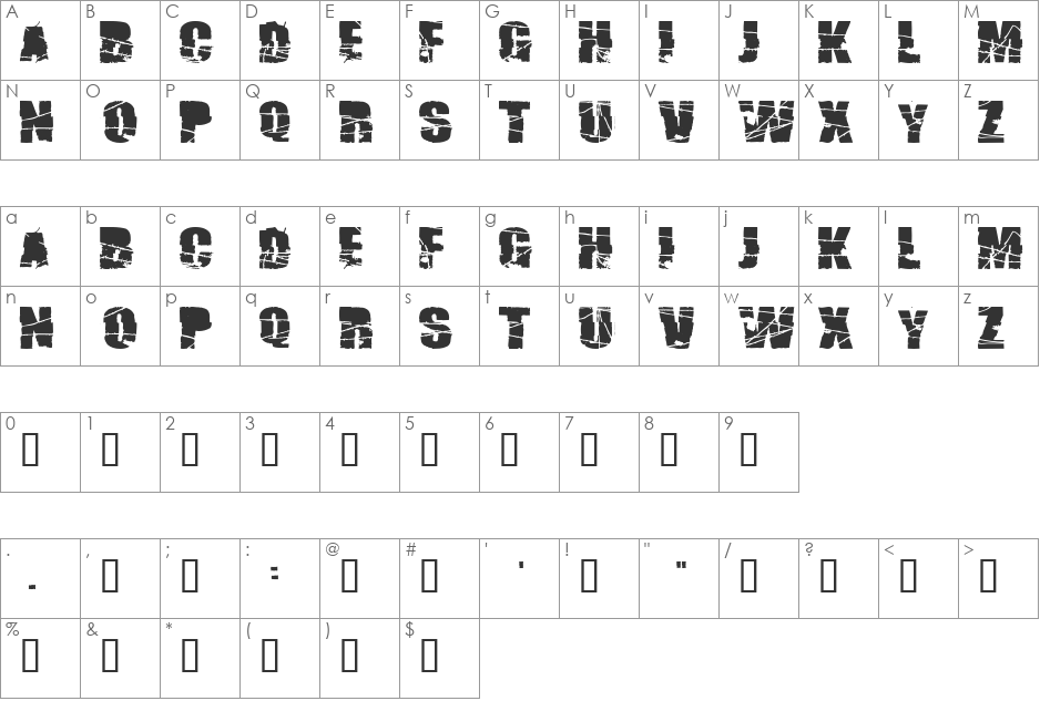 Broken74 font character map preview