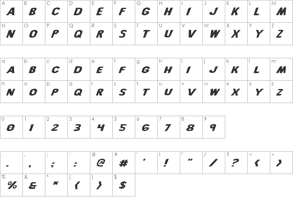 Bronic Expanded Italic font character map preview