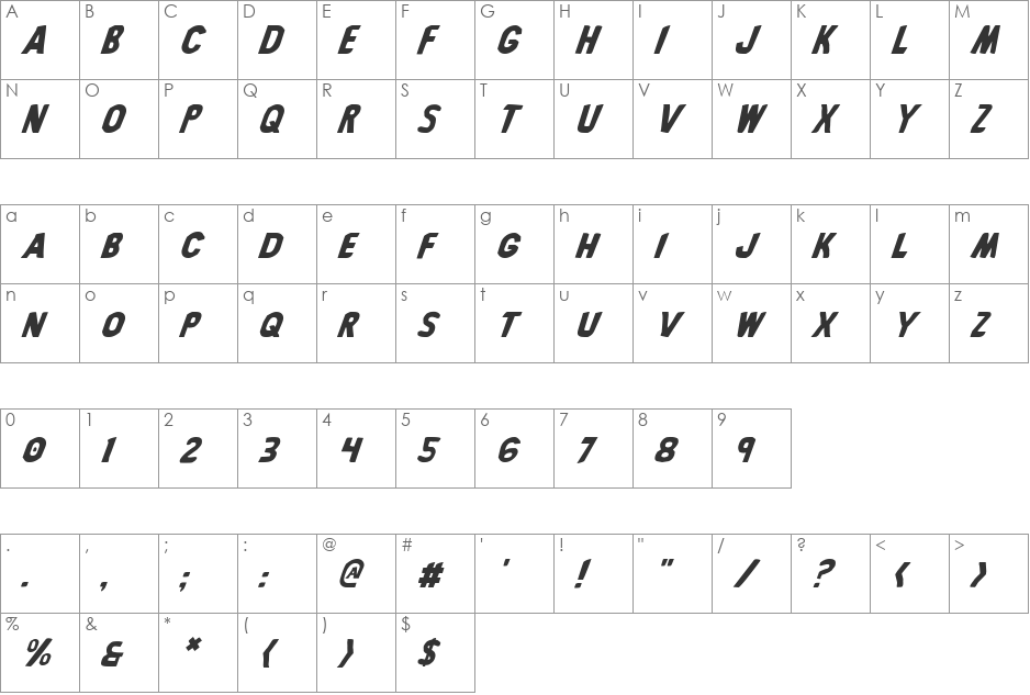 Bronic Italic font character map preview