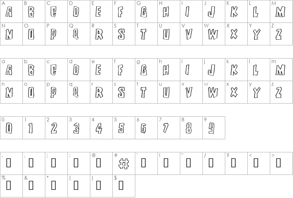 BrutalityExtra font character map preview