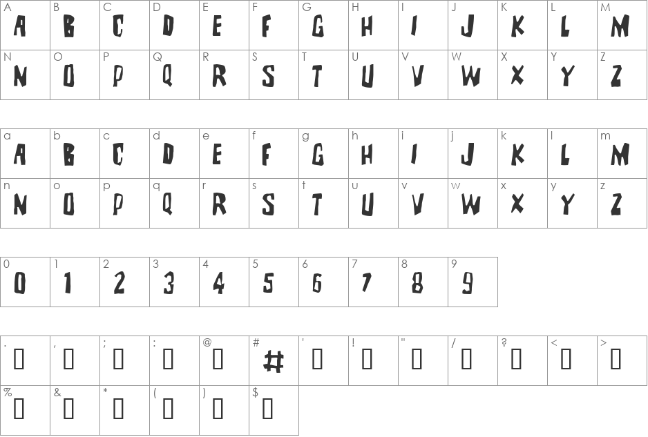 BrutalityExtra font character map preview