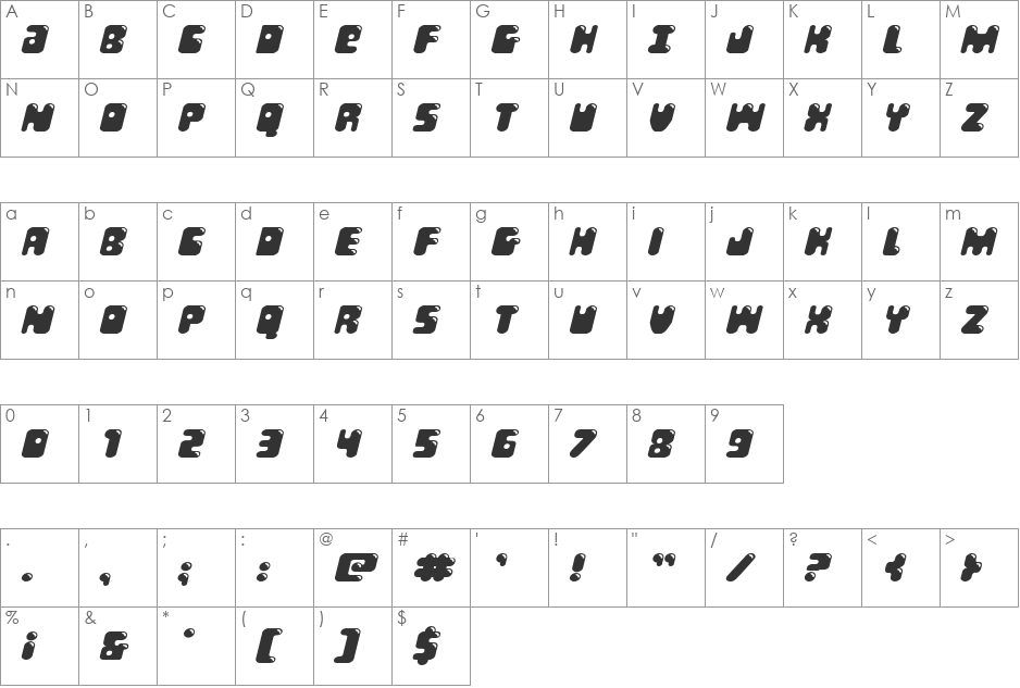 Bubble Butt Expanded Italic font character map preview