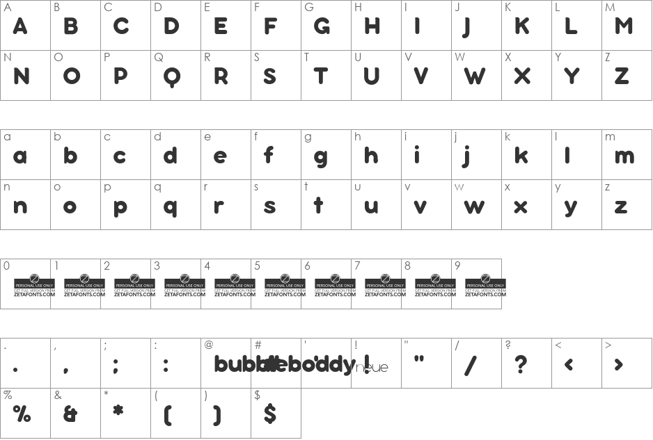 Bubbleboddy Neue Trial font character map preview