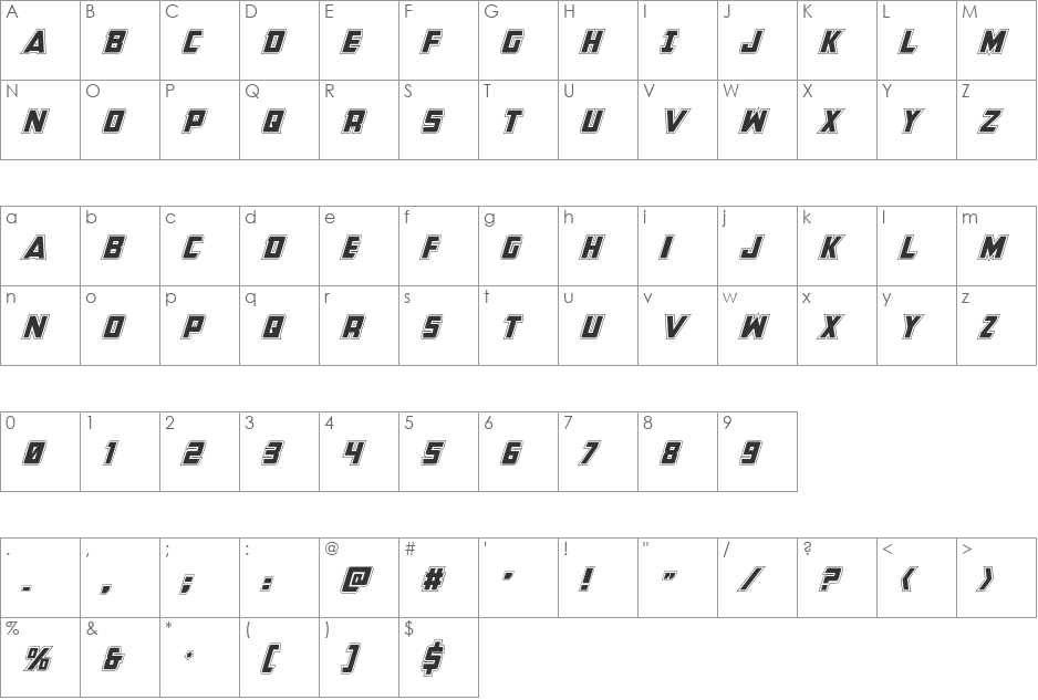 Buchanan Academy Italic font character map preview