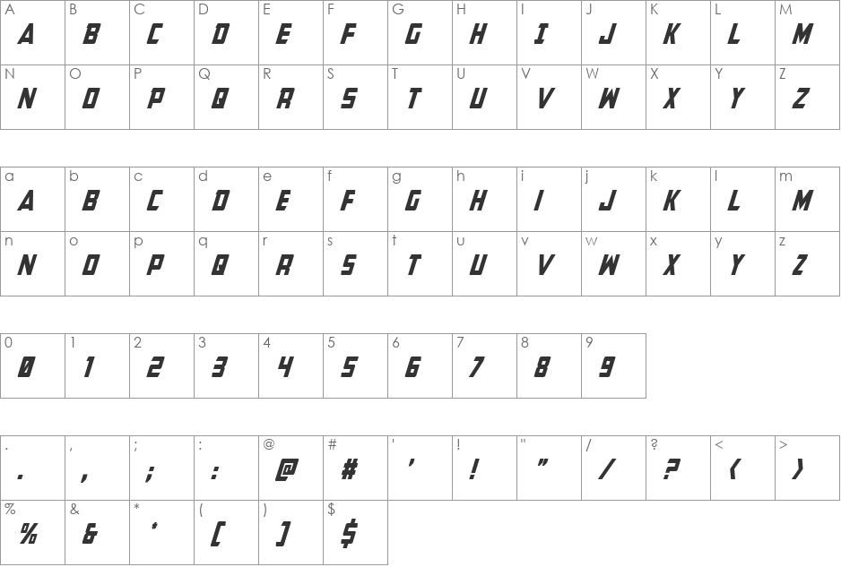 Buchanan Condensed Italic font character map preview