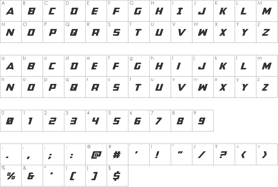 Buchanan Expanded Italic font character map preview