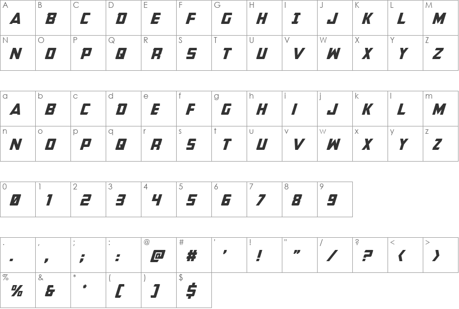 Buchanan Italic font character map preview