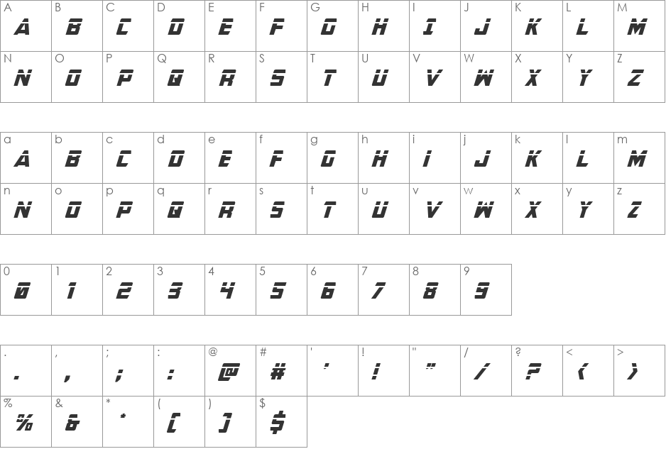 Buchanan Laser Italic font character map preview