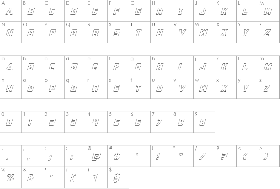 Buchanan Outline Italic font character map preview