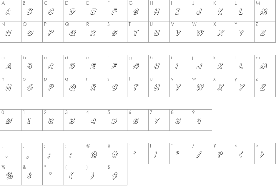 Buddy Champion 3D Italic font character map preview