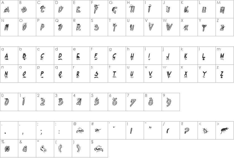 Bugs font character map preview