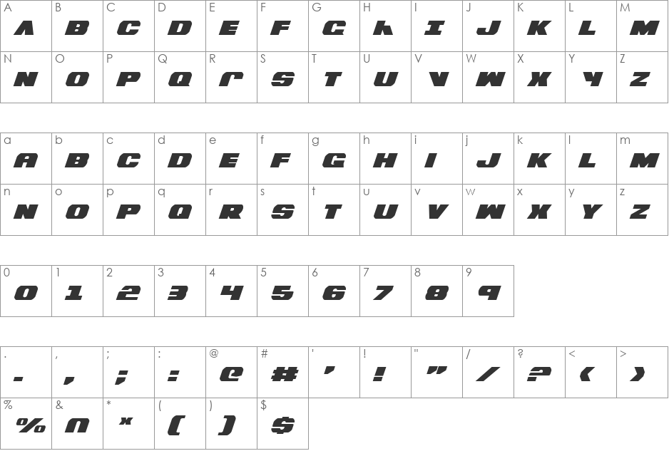 Bummer Italic font character map preview