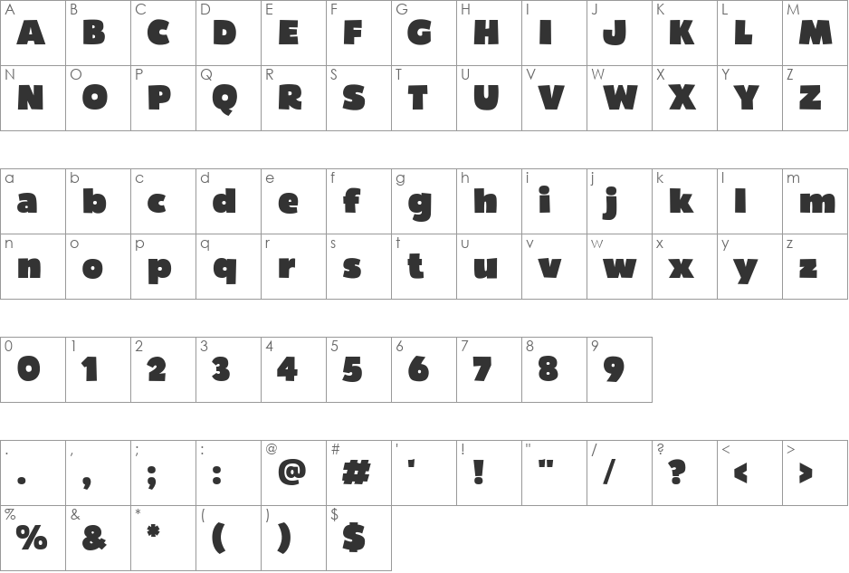 Bumpo font character map preview