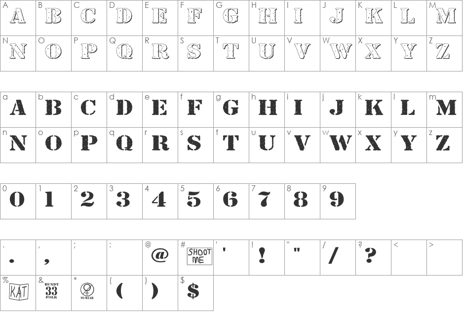 Bundy Yellow HollowShadowed font character map preview