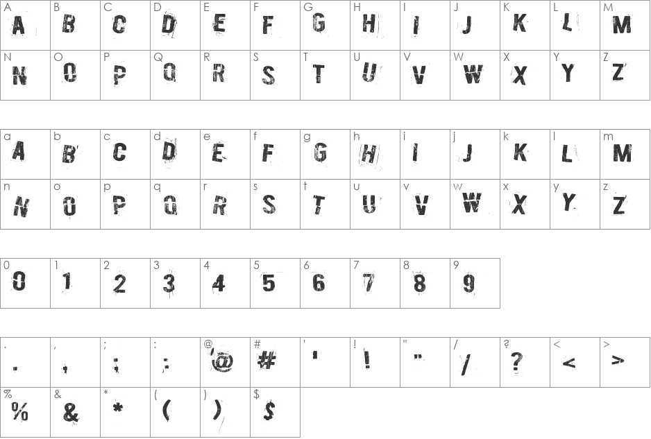 Burn out, fade away font character map preview