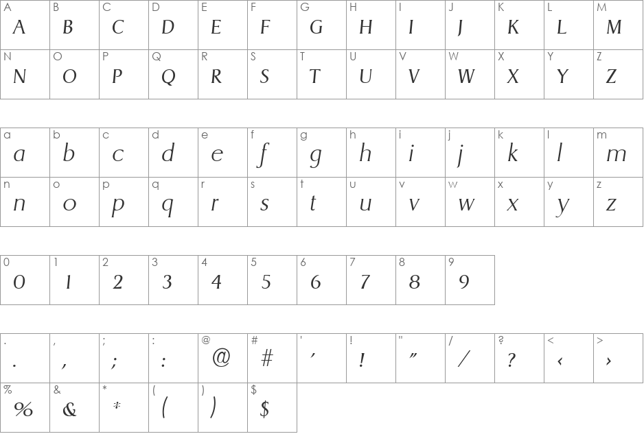 AaronBecker-ExtraLight font character map preview