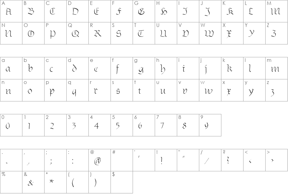 Burtine font character map preview
