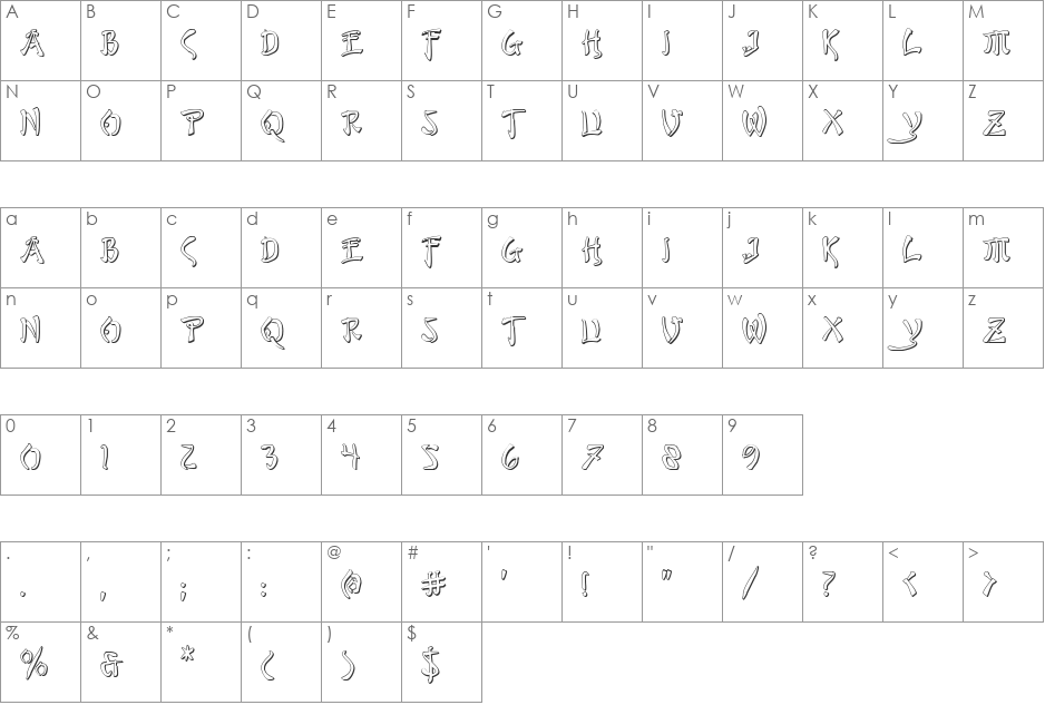 Bushido Shadow font character map preview