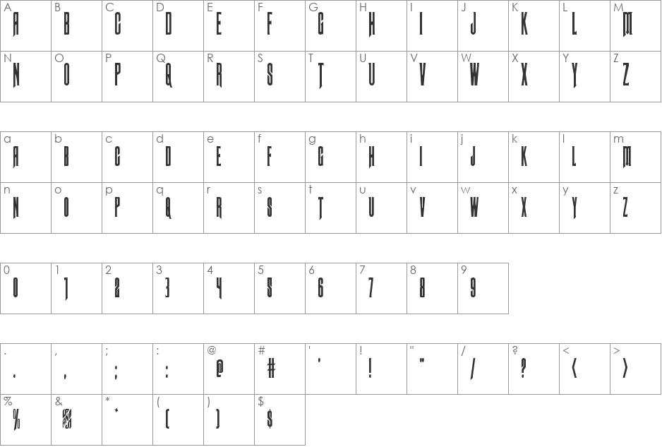 Butch & Sundance Condensed font character map preview