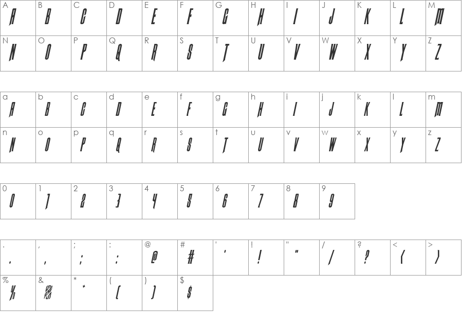 Butch & Sundance Condensed Italic font character map preview