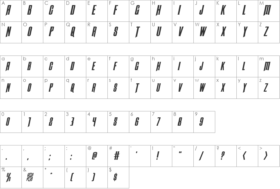 Butch & Sundance Expanded Italic font character map preview