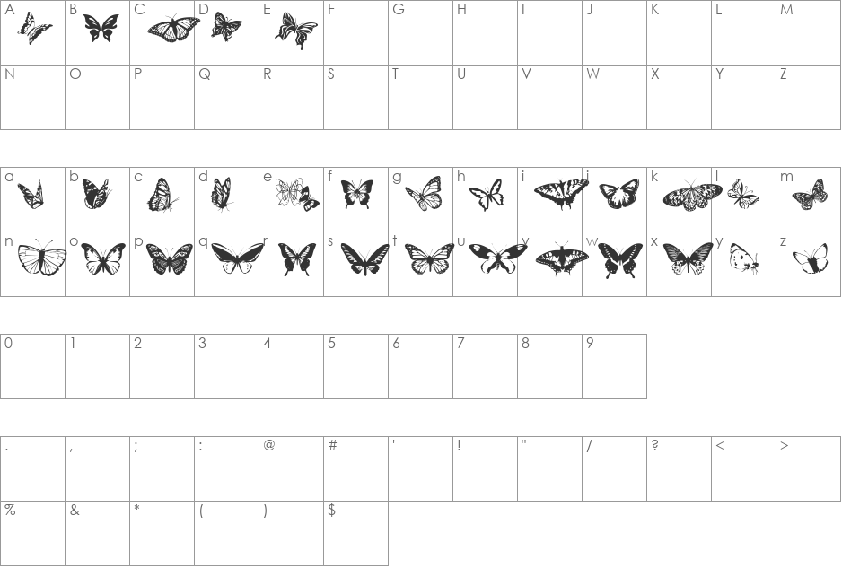 Butterflies font character map preview
