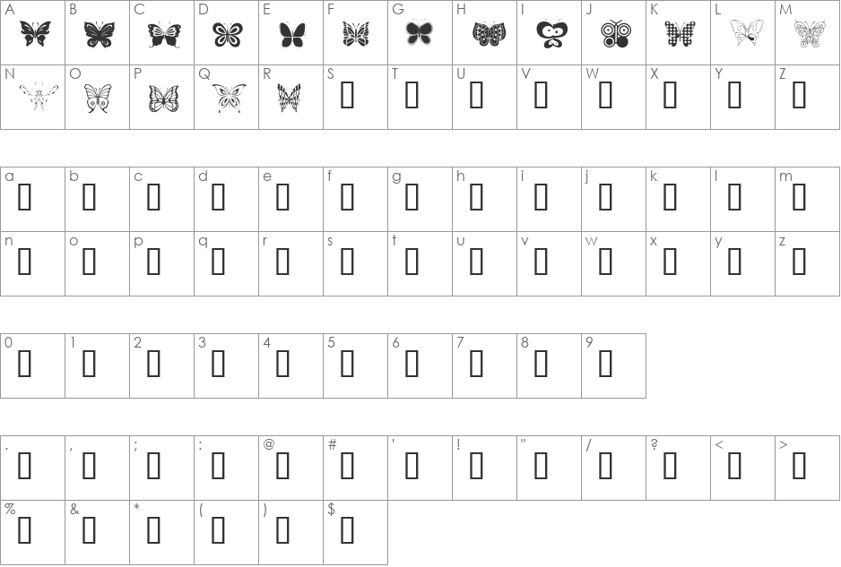 Butterflies font character map preview