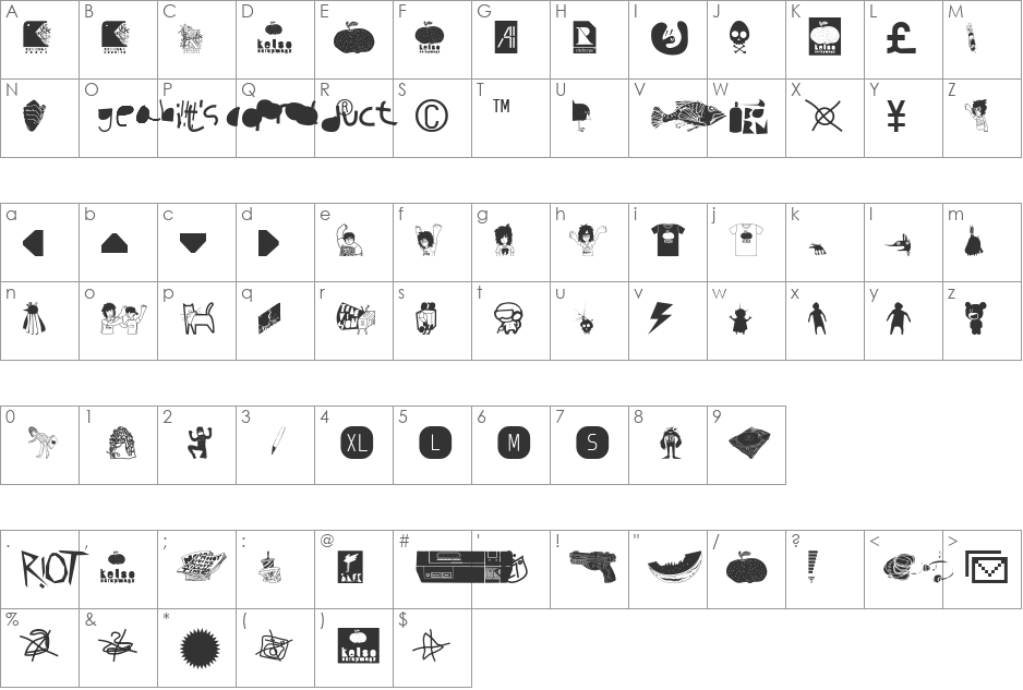 AI kelso D font character map preview