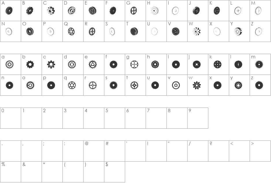 Buzzcog font character map preview