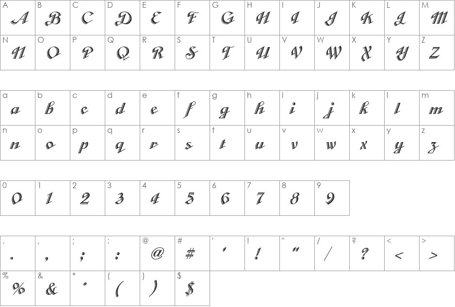 Cabarga Cursiva font character map preview
