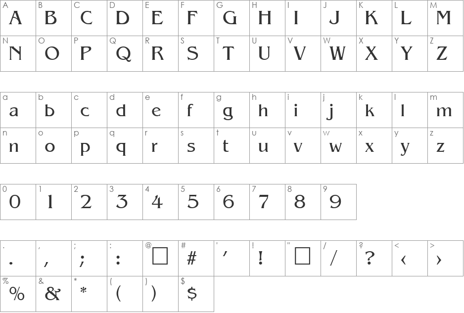 AidaBook font character map preview