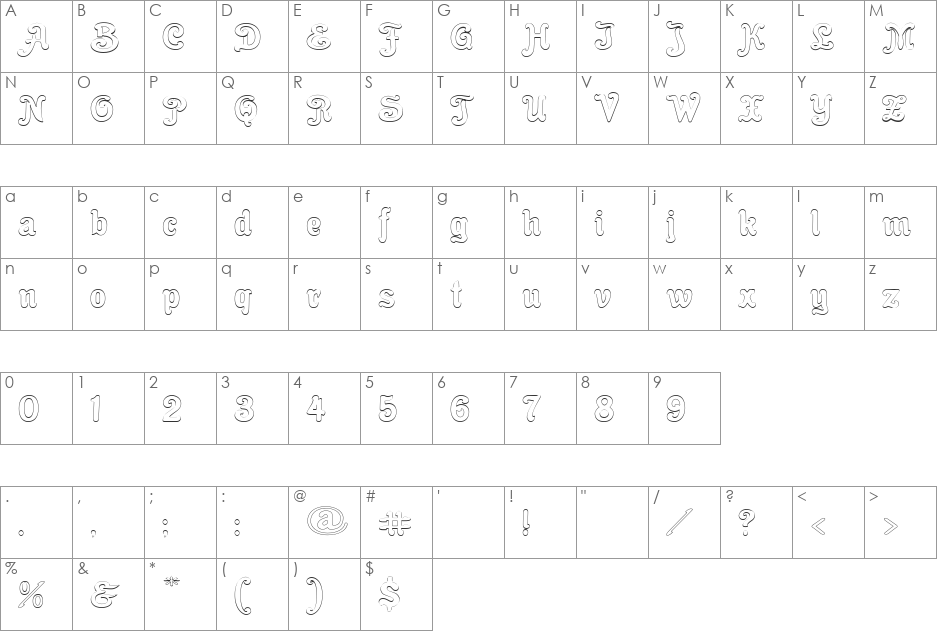 Cacao Fat Outline font character map preview