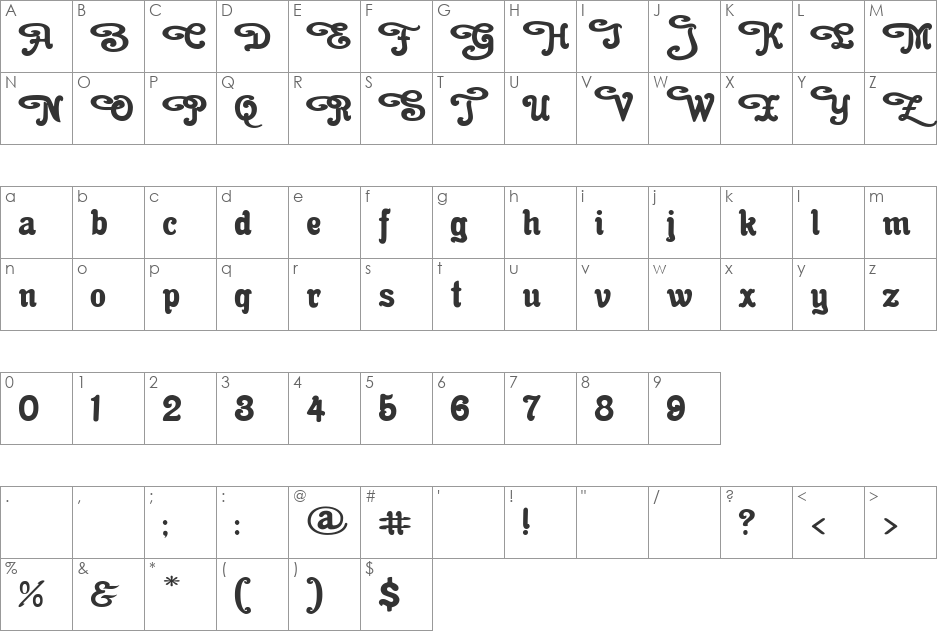 Cacao Fat Swashes font character map preview