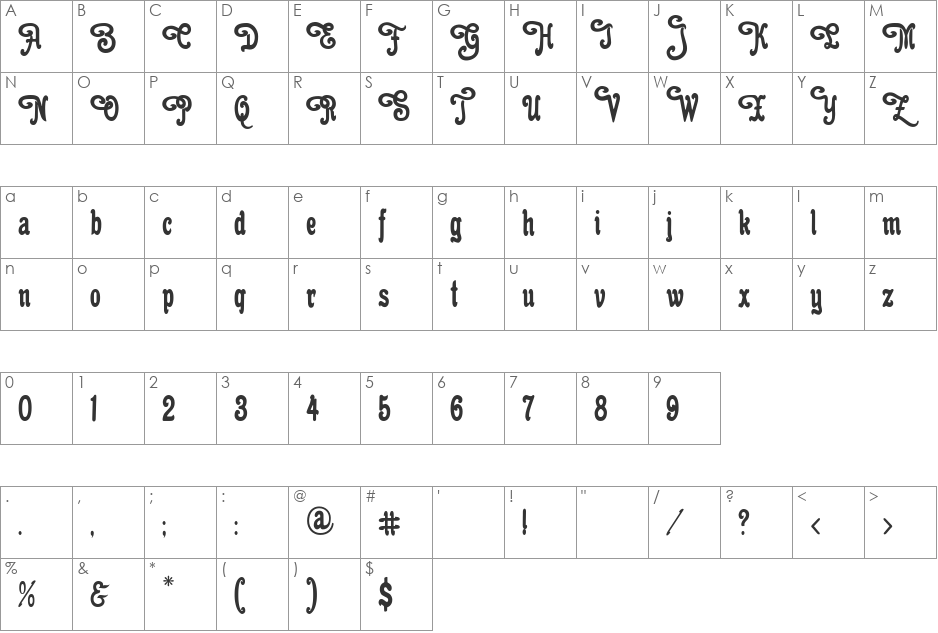 Cacao Plain Swashes font character map preview