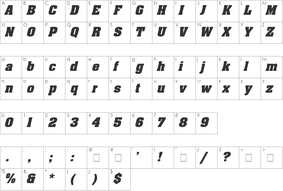 AaronBoldExpd font character map preview