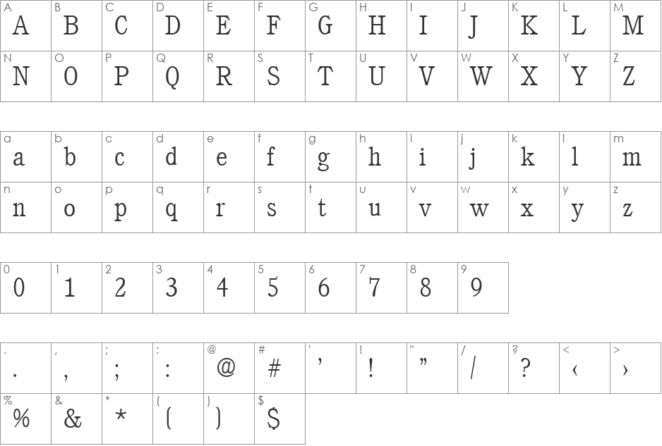 Calgary-Xlight font character map preview