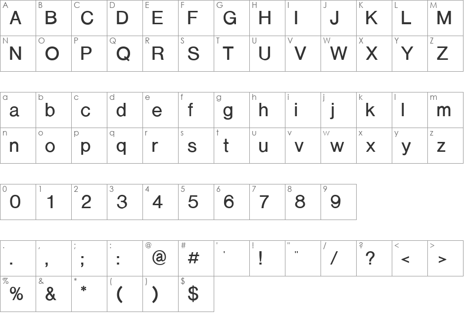 Caliban font character map preview