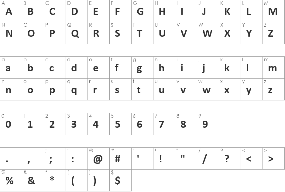 Calibri font character map preview