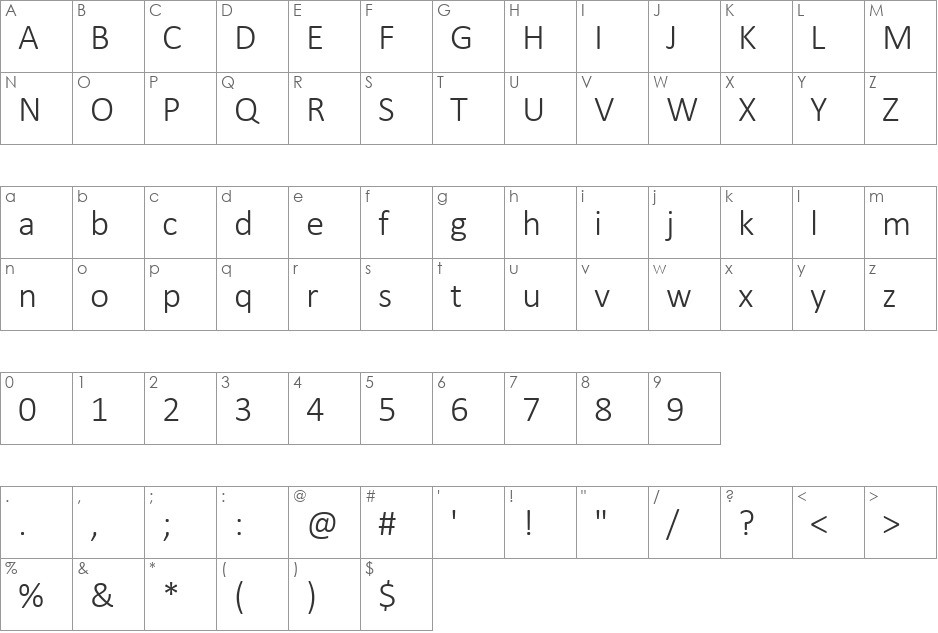 Calibri Light font character map preview