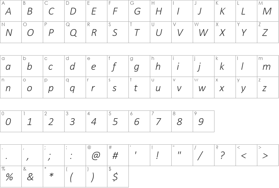 Calibri Light Italic font character map preview