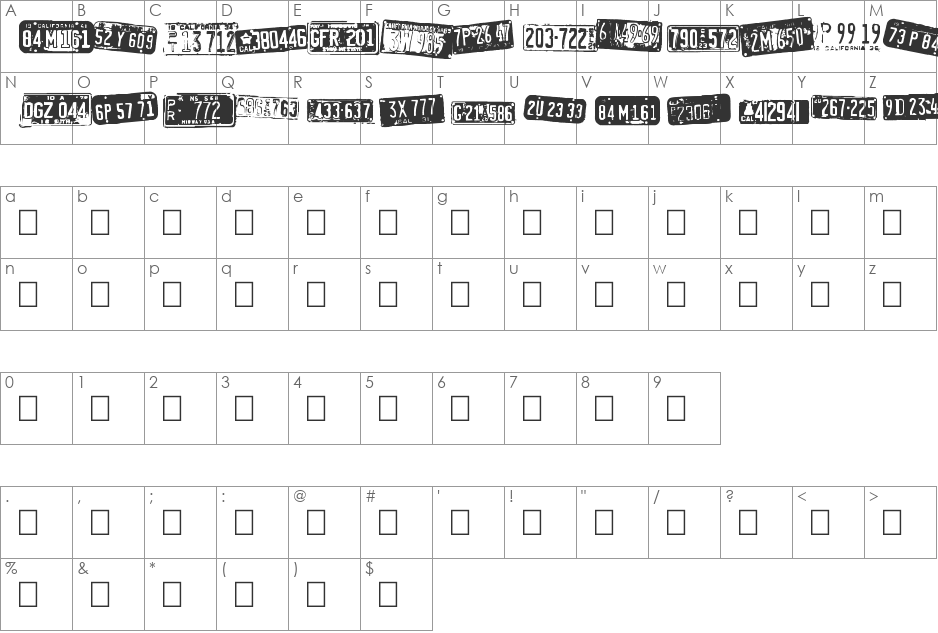 Californian cars font character map preview