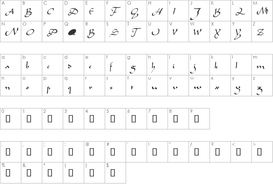 Caliph font character map preview