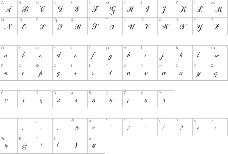 Calligraph font character map preview
