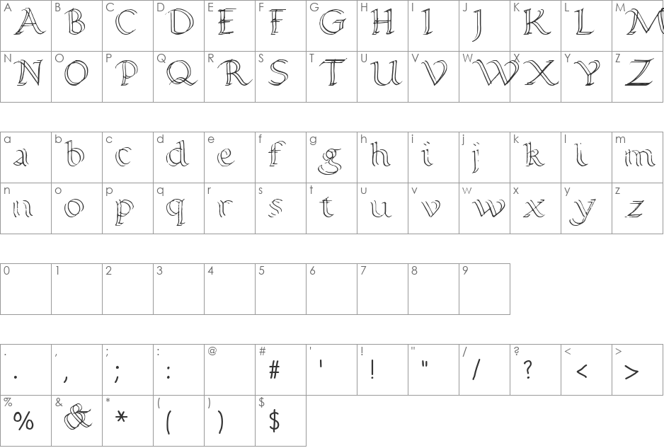 Calligraphy Double Pencil font character map preview